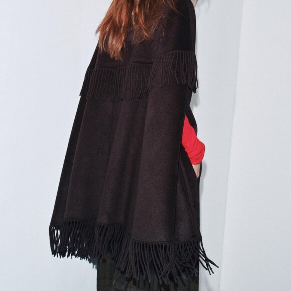 ZARA FRINGED WOOL LONG CAPE - Picture 7 of 12